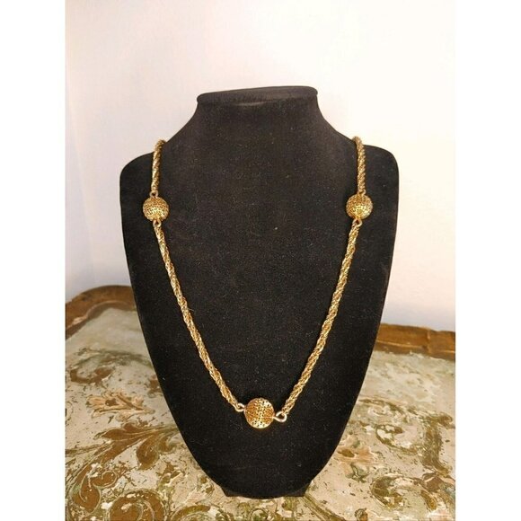 Gold Tone Rope Necklace Twisted Chain with Gold Tone Ball Spheres - Picture 2 of 10